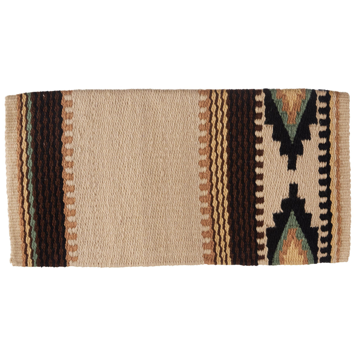 Wool saddle blanket with cream base and dark striped border, geometric star motifs