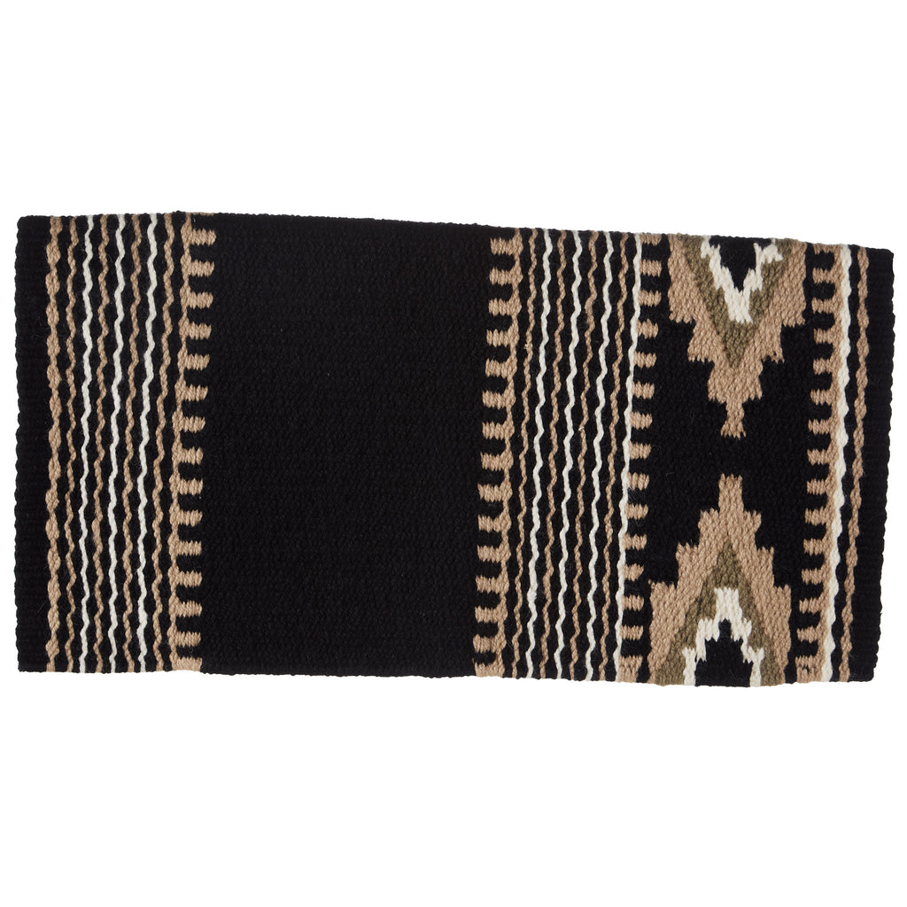Wool saddle blanket in dark black with tan stripes and star pattern