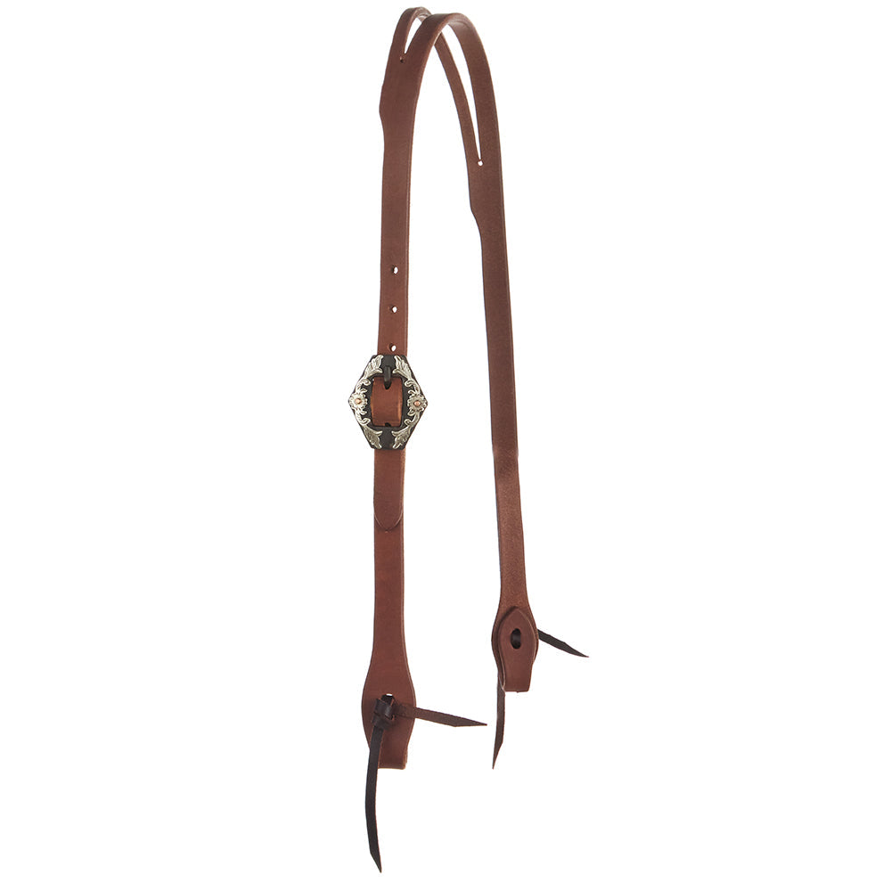 Brown leather slit ear headstall with diamond concho buckle and dangling ties