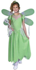 Kids green pixie fairy costume with leaf headband, fairy wings, and sparkly dress