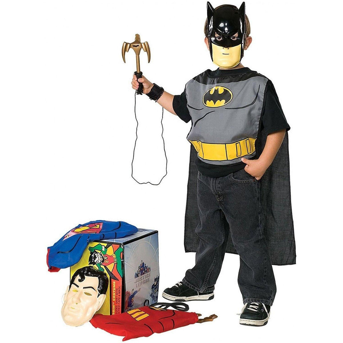 Batman-style child superhero costume kit: tunic, cape, mask, accessories set