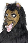 Mad Wolf costume mask with black hair and brown snout, snarling mouth detail