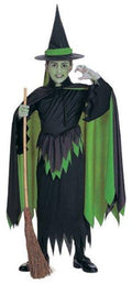 Children's witch costume: black pointed hat, green jagged trim dress, cape, broom