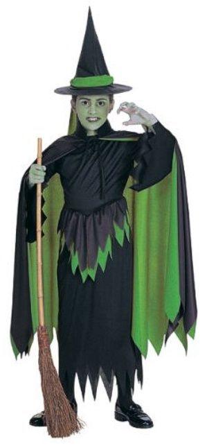Children's witch costume: black pointed hat, green jagged trim dress, cape, broom