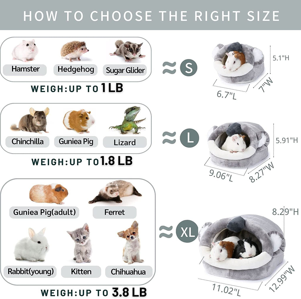 Gray koala-style pet bed shown in three sizes with interior and exterior dimensions