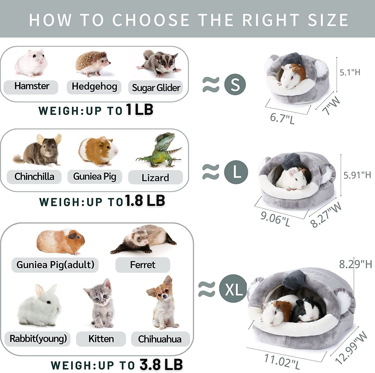 Gray koala-style pet bed shown in three sizes with interior and exterior dimensions