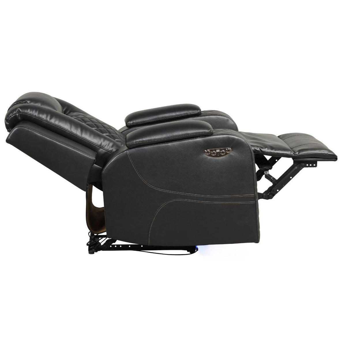 Black LED power recliner chair reclined with footrest extended and side control panel