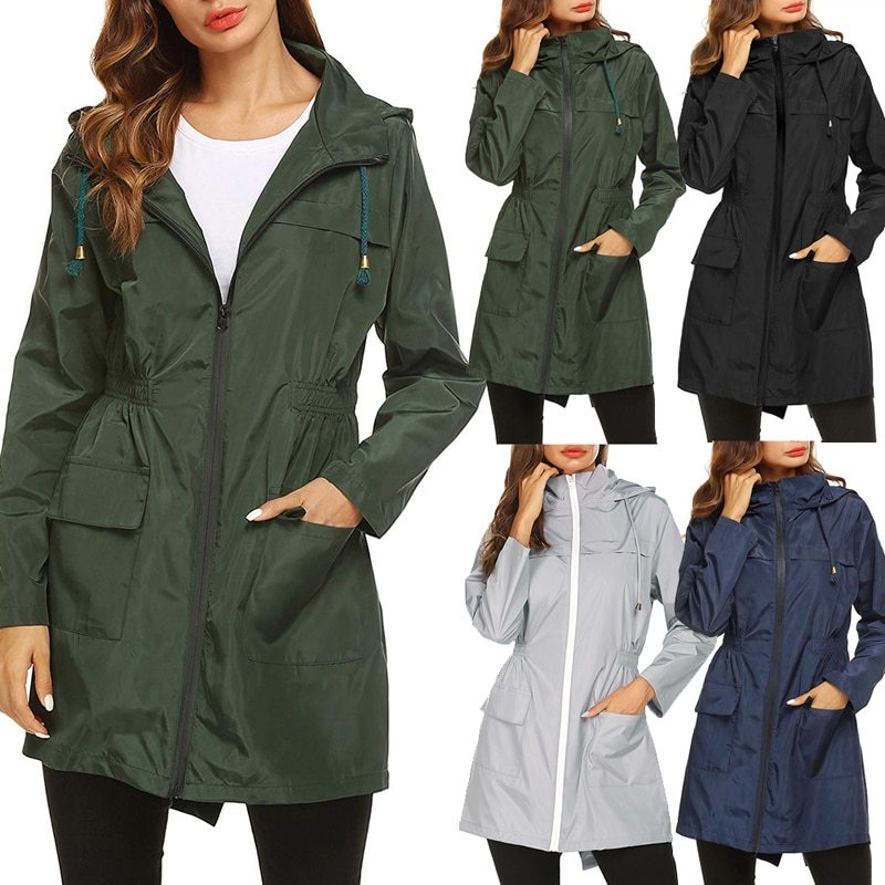 Women’s hooded waterproof raincoat, dark green, zip front, drawstring waist, front pockets