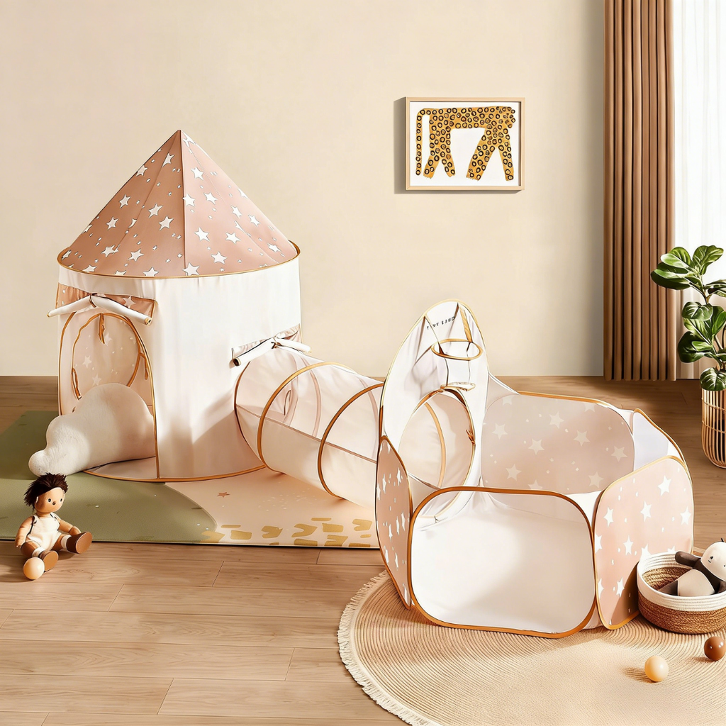 3-in-1 play tunnel with dome tent top and star print fabric, light tan and white