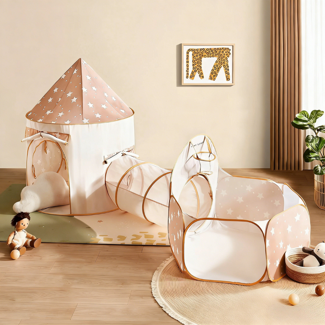 3-in-1 play tunnel with dome tent top and star print fabric, light tan and white