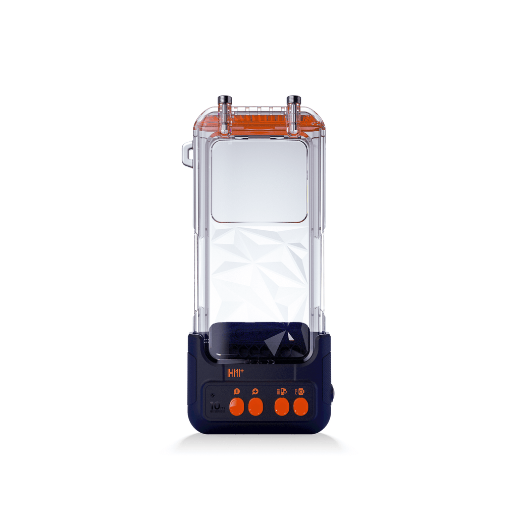 Waterproof phone case with clear front window and dark blue base, orange latch details