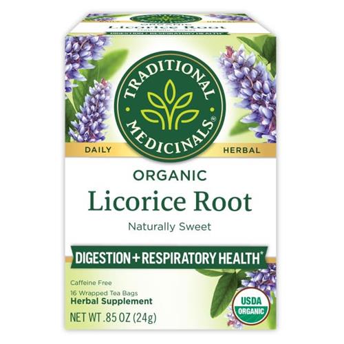Traditional Medicinals organic licorice root herbal tea box, front view with USDA Organic seal