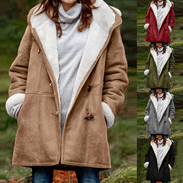 Women’s hooded winter button coat in tan with white sherpa lining and side pockets