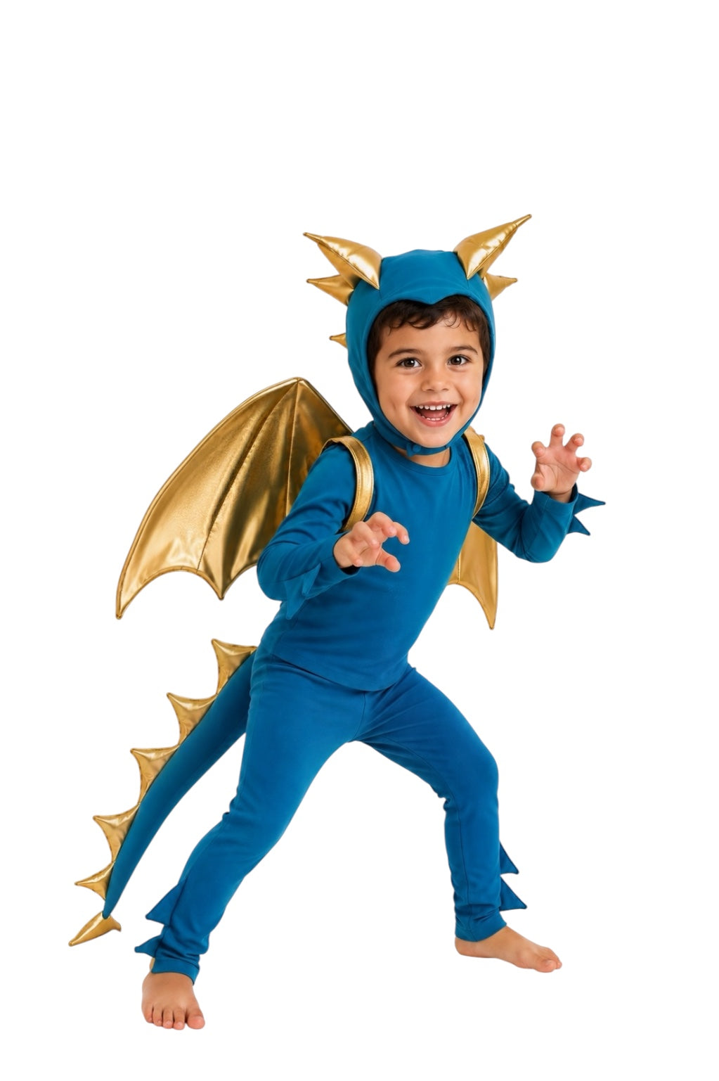 Turquoise dragon costume with gold wings attached to hood and cape, toddler running.