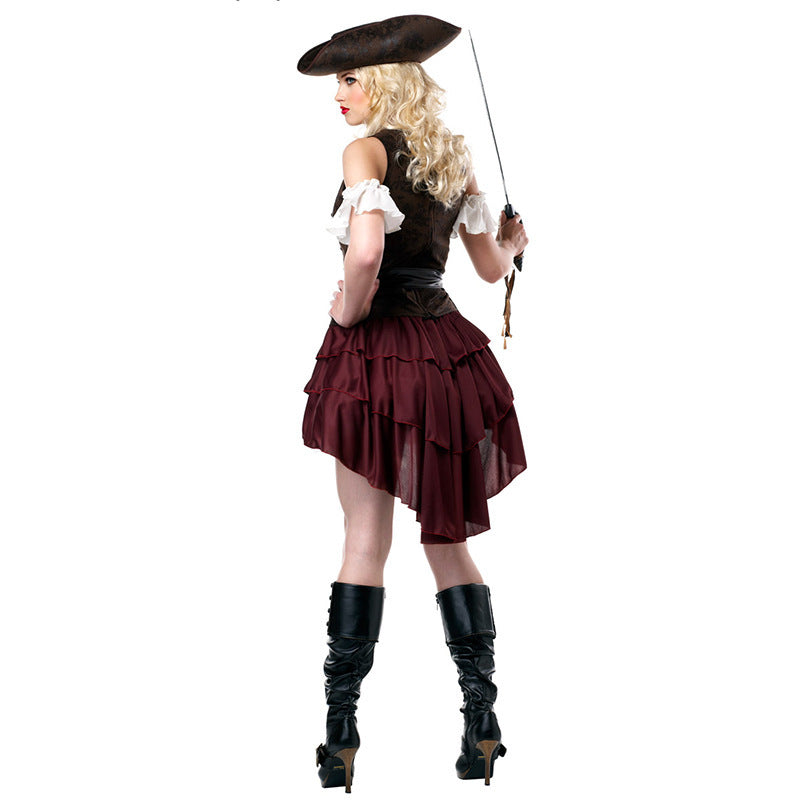 Burgundy pirate costume side view with tricorn hat, corset vest, and tall black boots