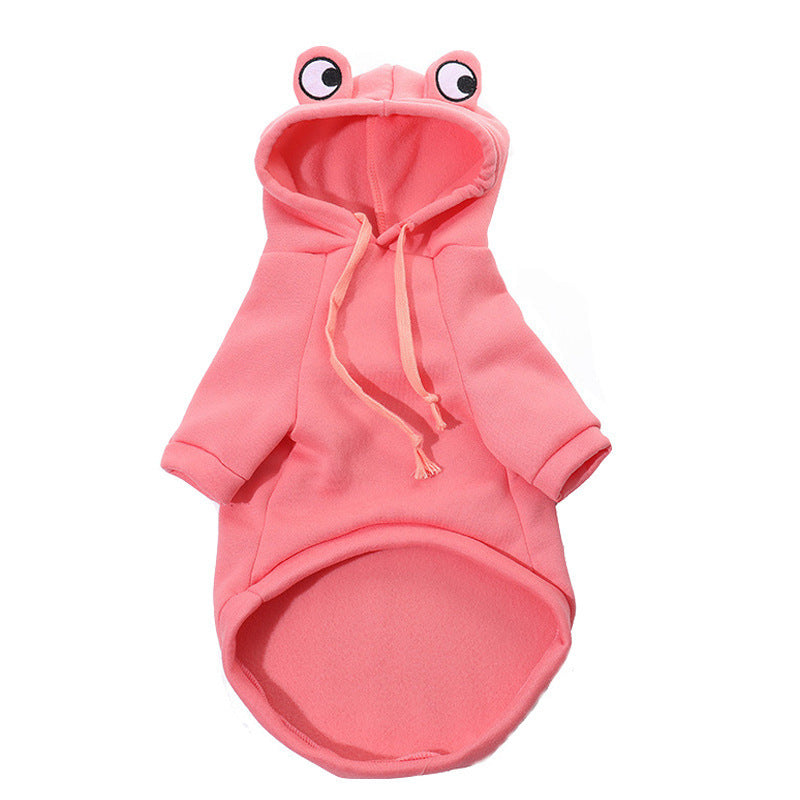 Pink frog pet hoodie with hood eyes, orange-tinted drawstrings, and round belly pocket