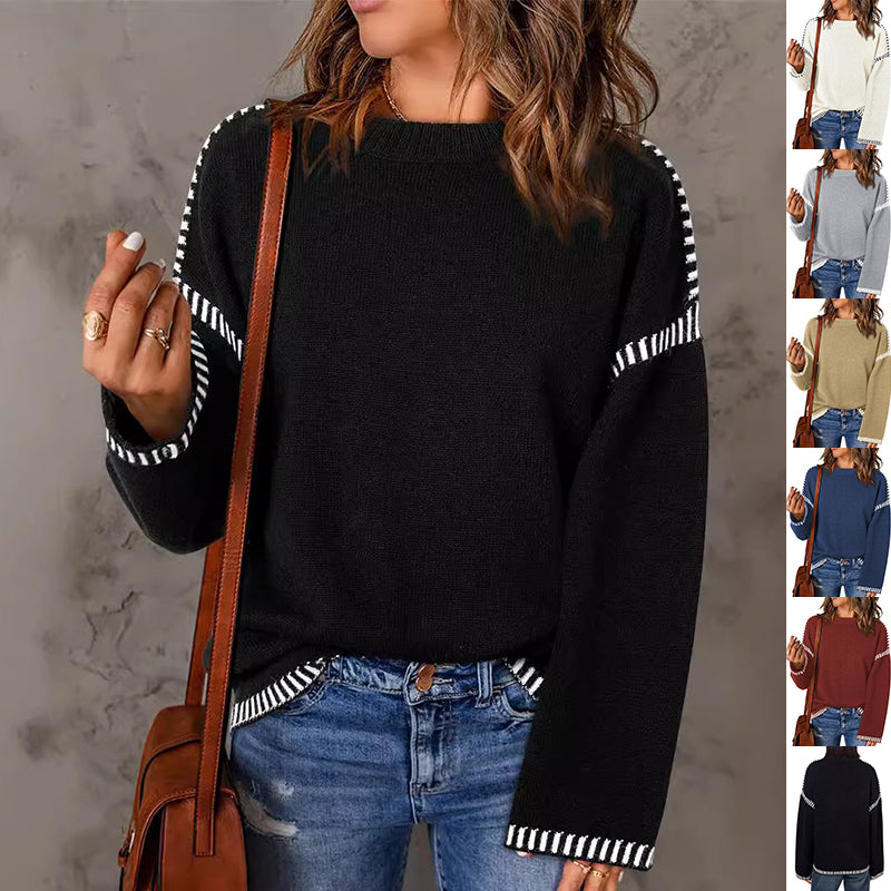 Women’s black round-neck pullover sweater with striped cuffs and hem