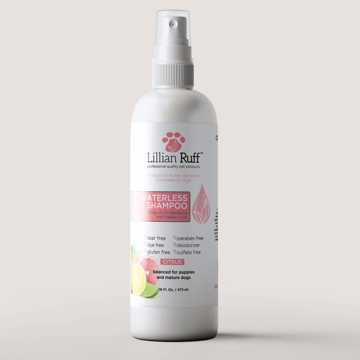 Waterless shampoo bottle with citrus scent, pump spray top, white bottle