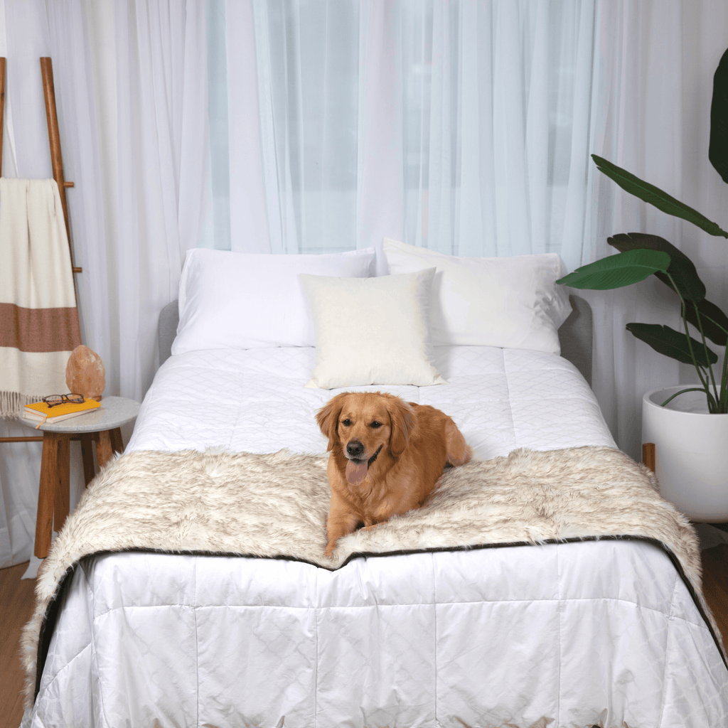 White faux fur waterproof bed runner with brown accents, stretched across the bed