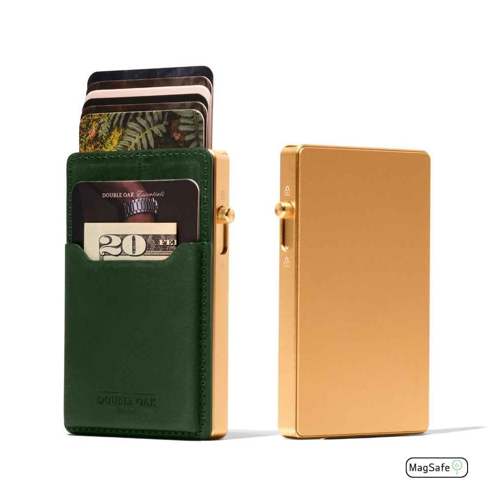 Mod wallet with green leather front and gold metal back plate, side view