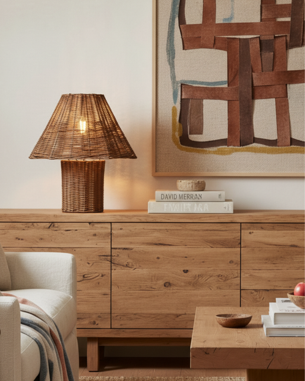 Woven rattan table lamp with lit conical shade and cylindrical base