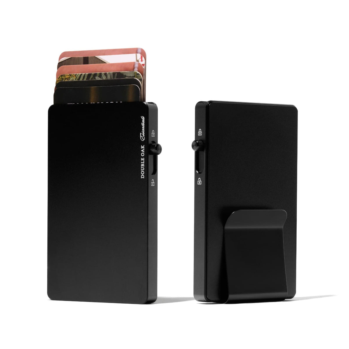 Black phone wallet with cash/card plate attachment, front and back