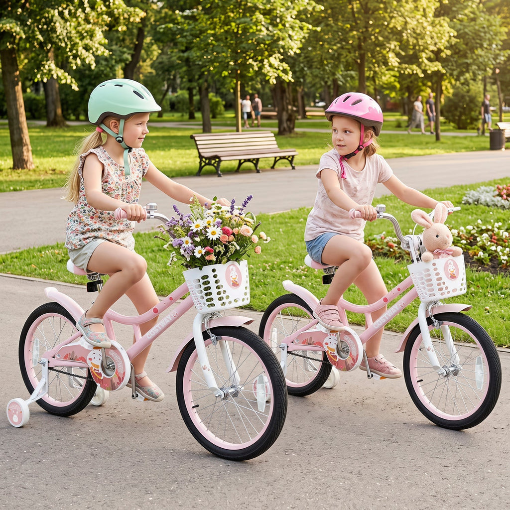 Kids 18-inch pink bike with training wheels and front basket, two children riding