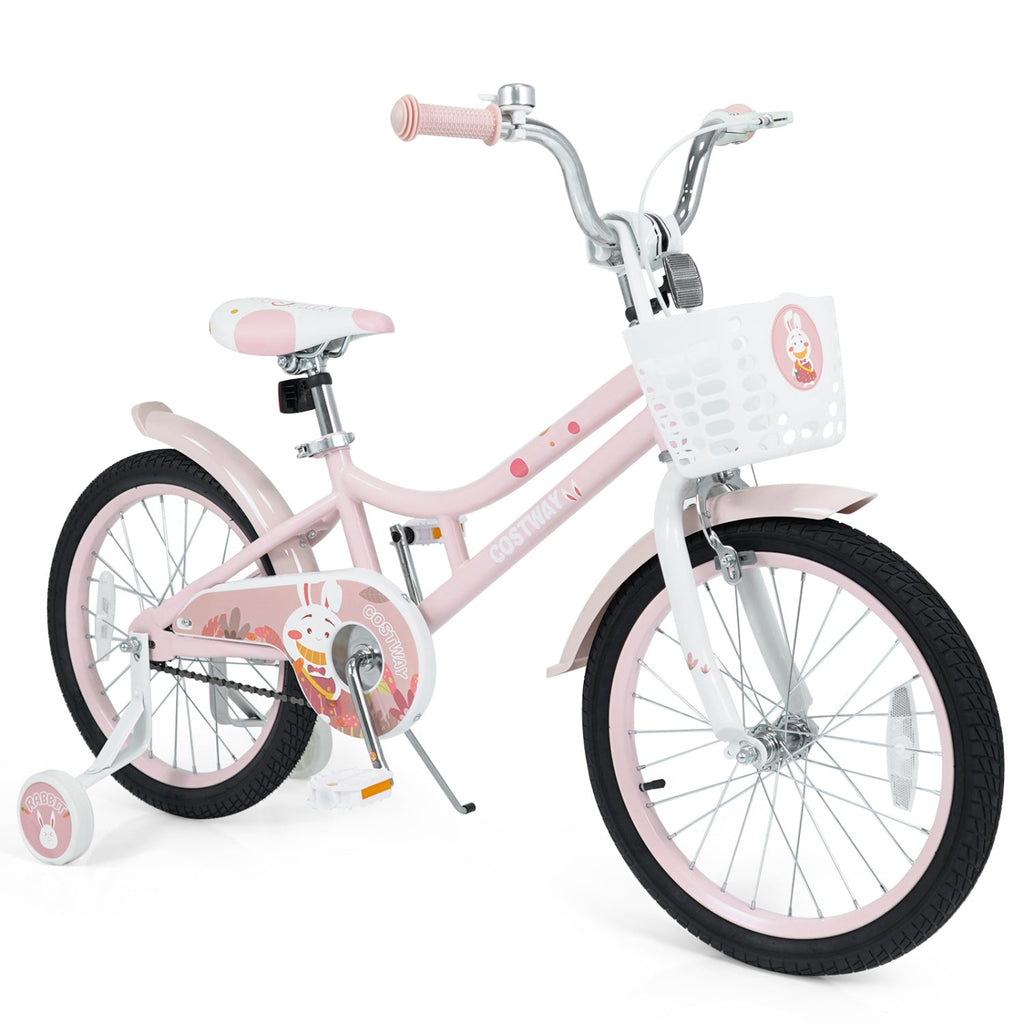 Pink 18-inch kids bike with training wheels and front basket, side view on white