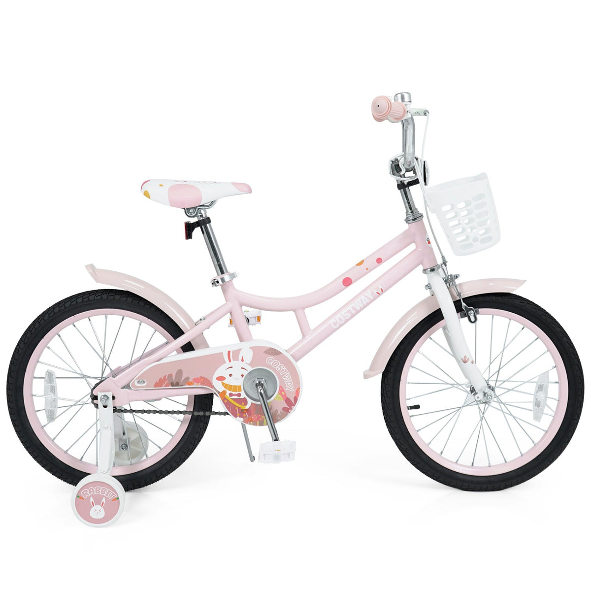Pink 18-inch kids bike with training wheels and front basket, angled side view