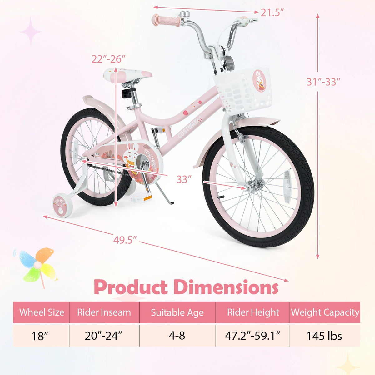 Pink 18-inch kids bike with training wheels and front basket, size diagram on white