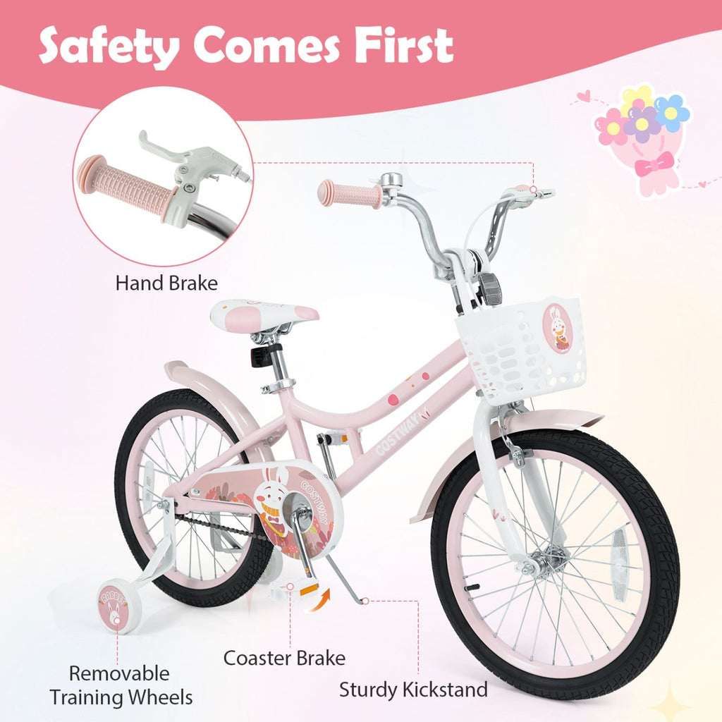 Pink 18-inch kids bike with front basket, hand brake and coaster brake shown