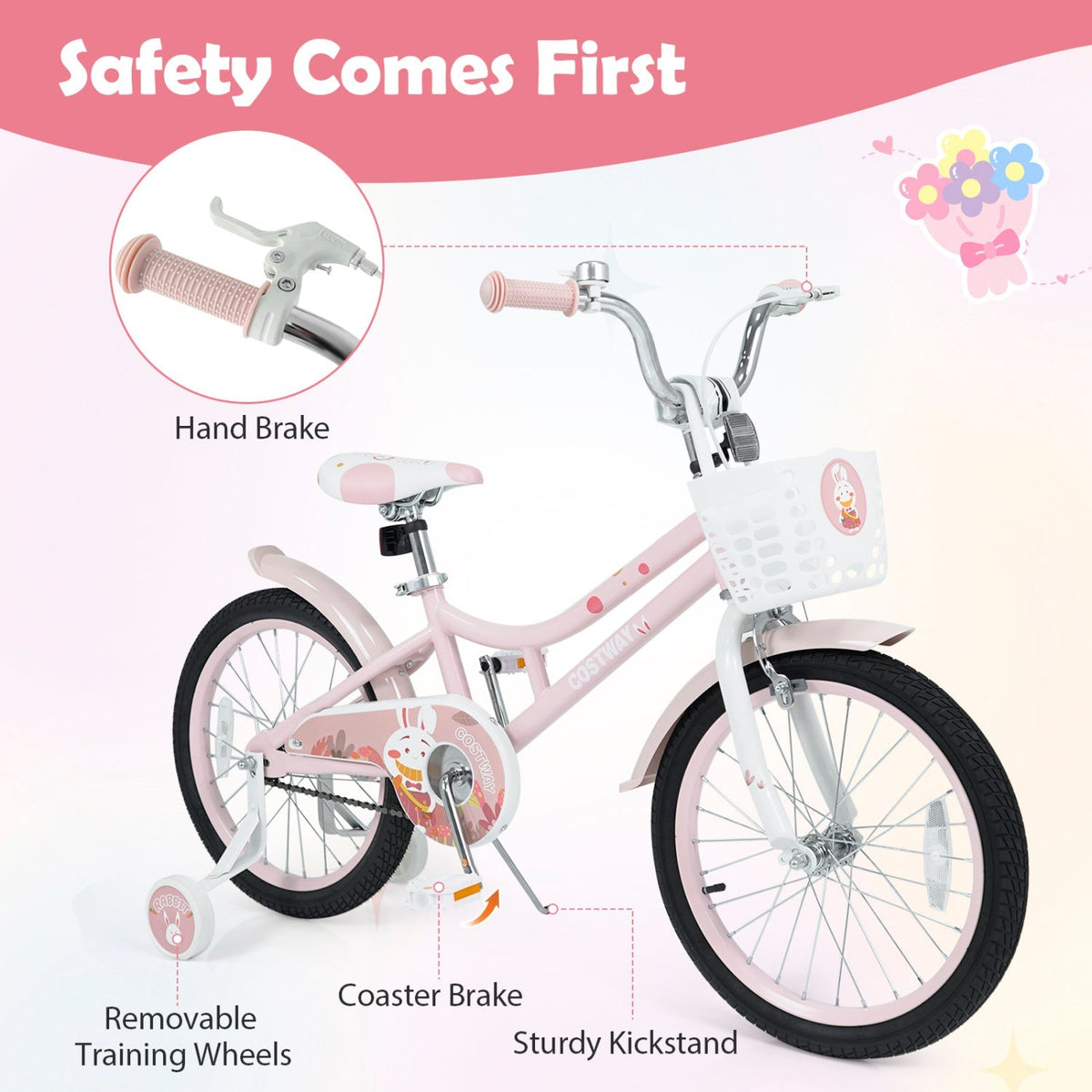 Pink 18-inch kids bike with front basket, hand brake and coaster brake shown