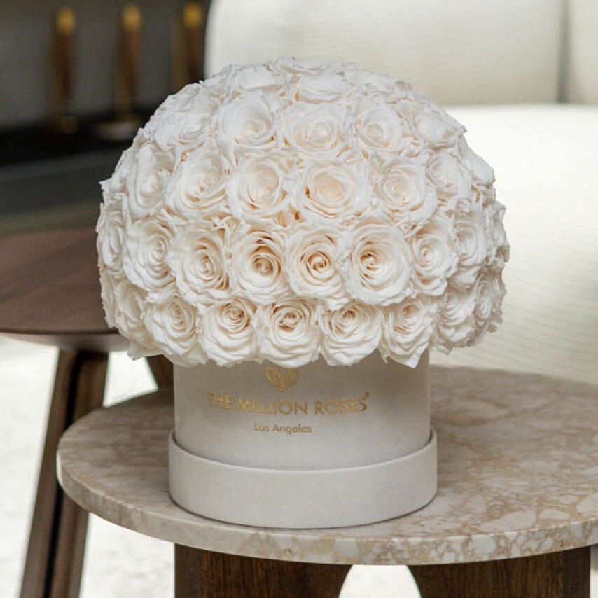 Cream rose hatbox-style flower arrangement on a round table in a beige box