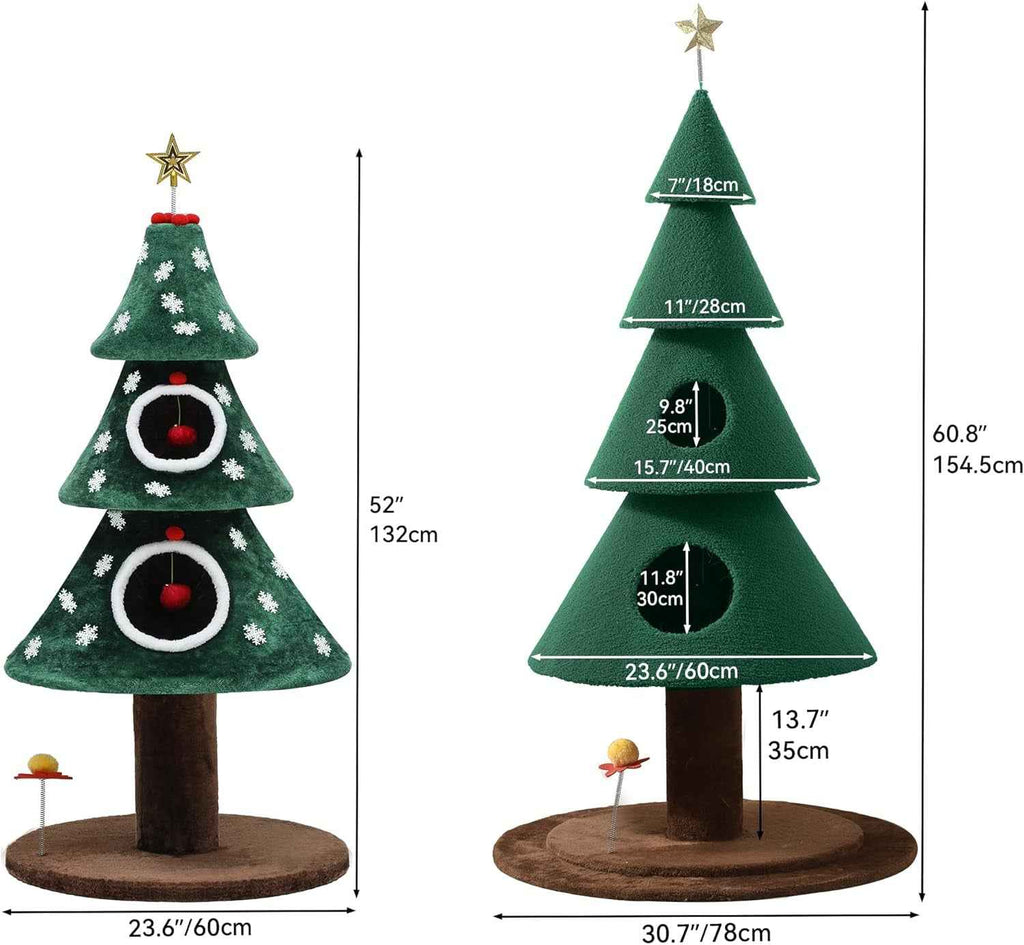 Christmas cat tower shown with dimensions, tiered green houses, brown post, and round base