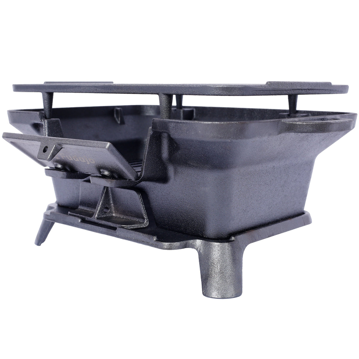 Oval cast iron grill side view with open top frame, dark enamel, front latch