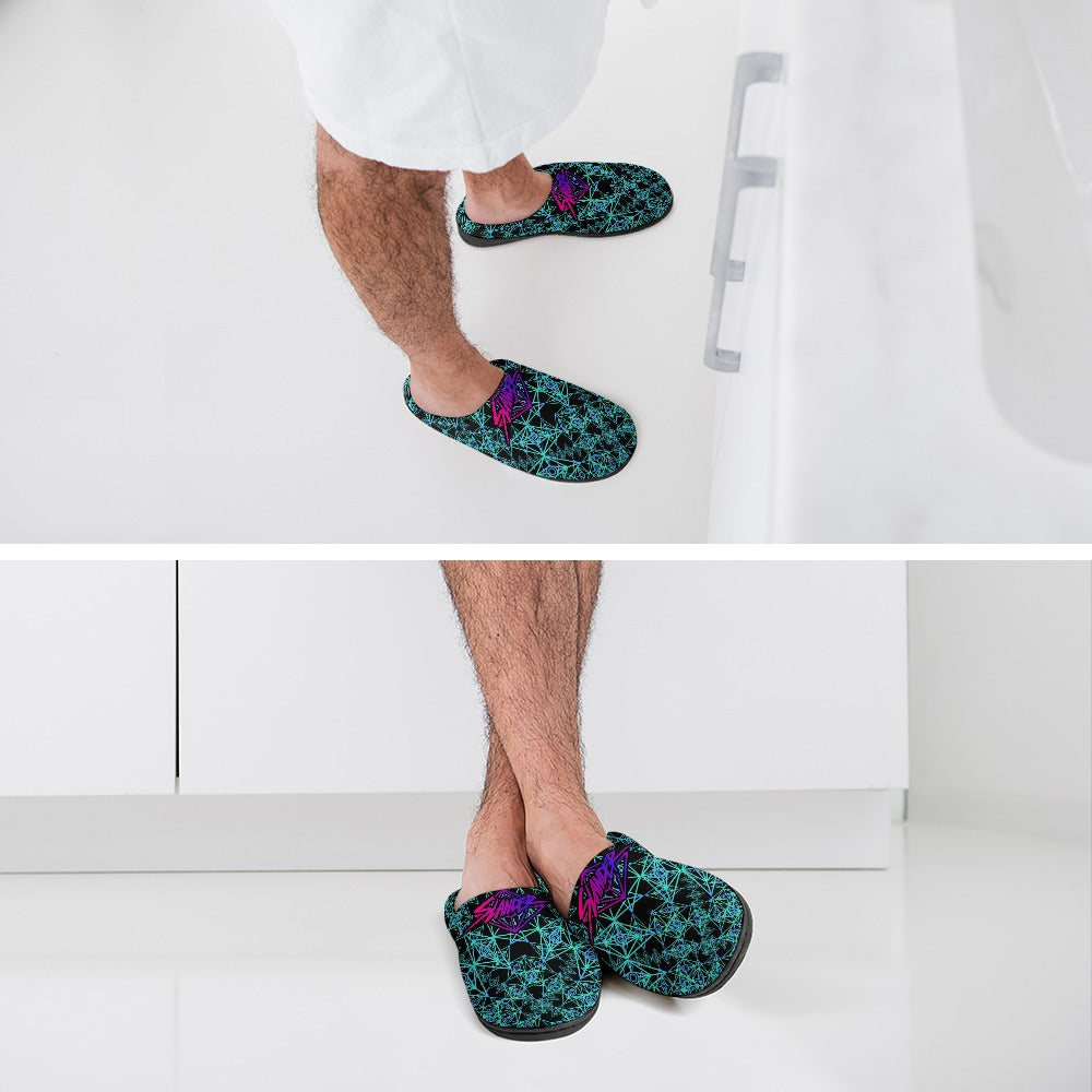 Person wearing teal cotton slip-on slippers with black soles.