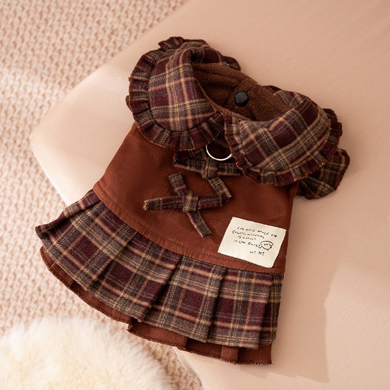 Brown plaid fleece pet sweater dress with ruffle collar and button front