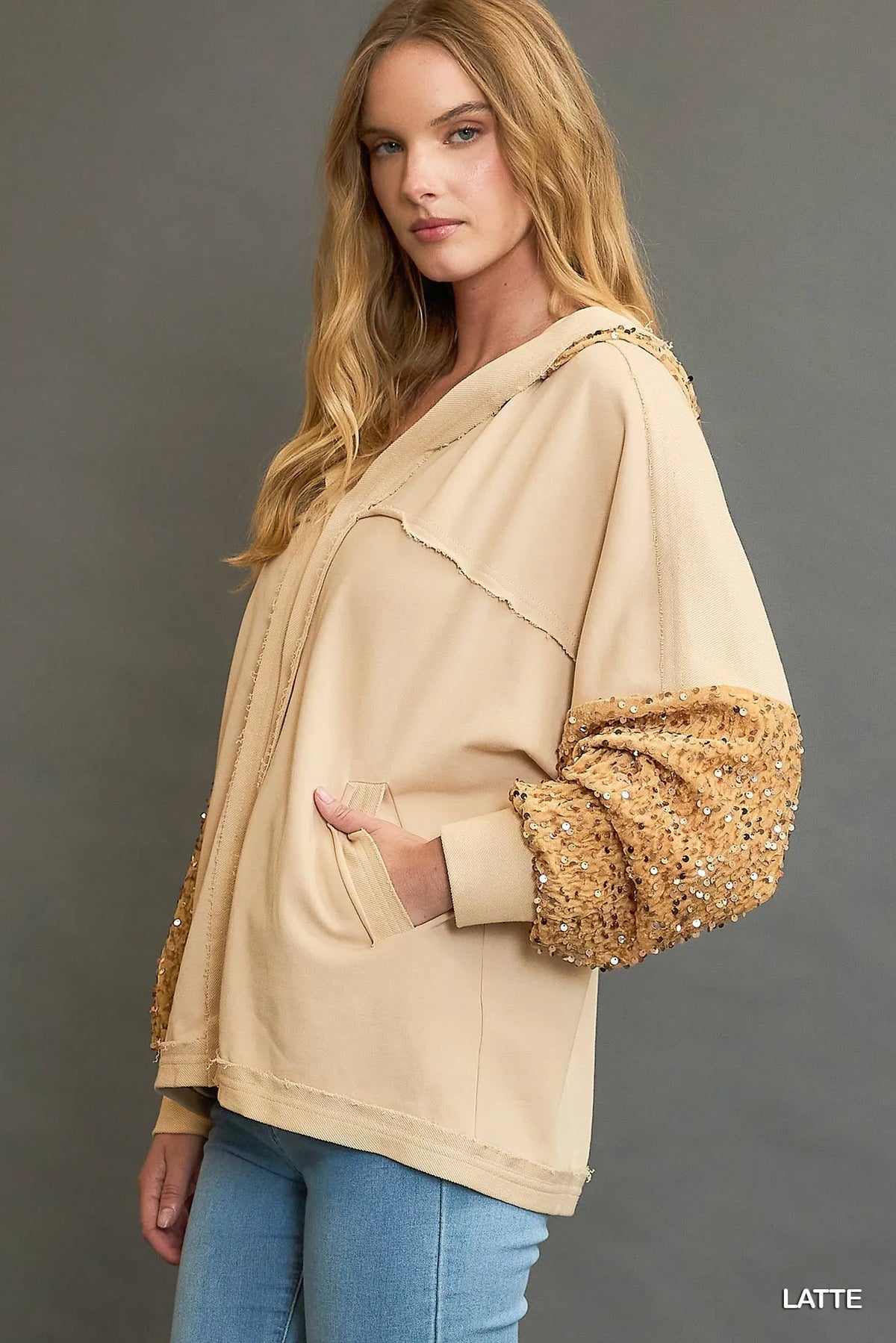 Latte sequin-trim French terry zip hoodie jacket side view with sequined sleeve accents