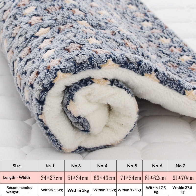 Blue paw-print pet mat roll with thick plush texture and white sherpa edge