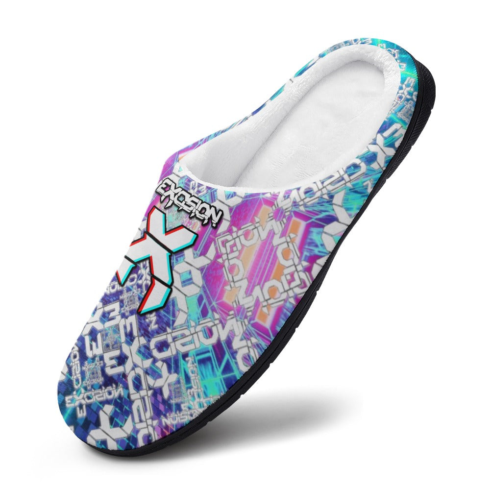 Cotton slippers with blue, purple, and teal graphic upper, white interior, black sole