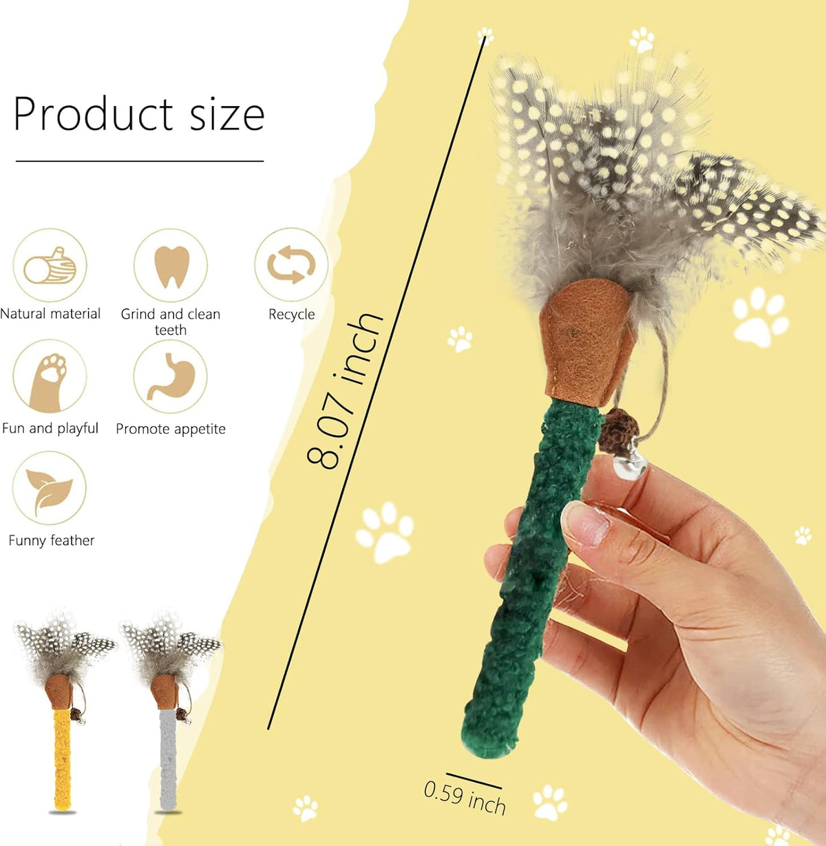 Cat chew stick toy with green textured wand, brown felt end, and gray feather sprig