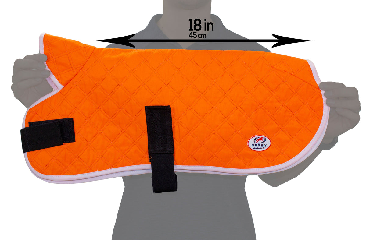 Orange dog cooling jacket with harness opening, quilted pattern, reflective trim, logo patch