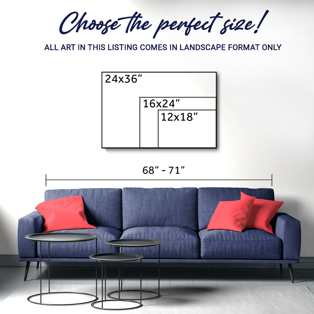 Wall art size guide graphic above a couch, featuring the golden sun and ocean waves artwork.