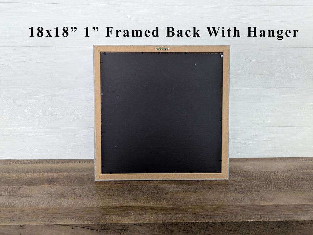 Natural wood framed wall art, 18x18 in with hanging hardware on black back