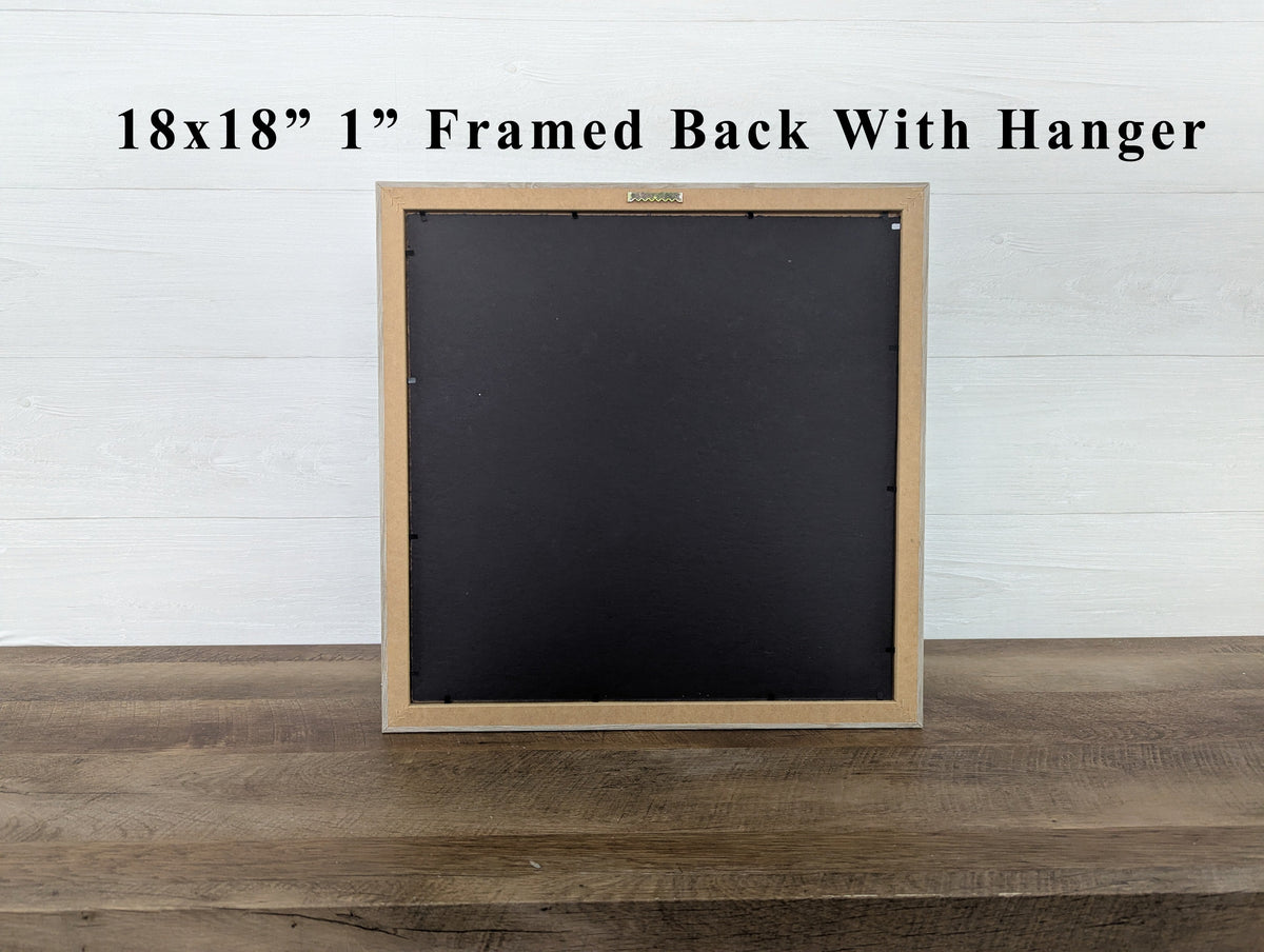 Natural wood framed wall art, 18x18 in with hanging hardware on black back