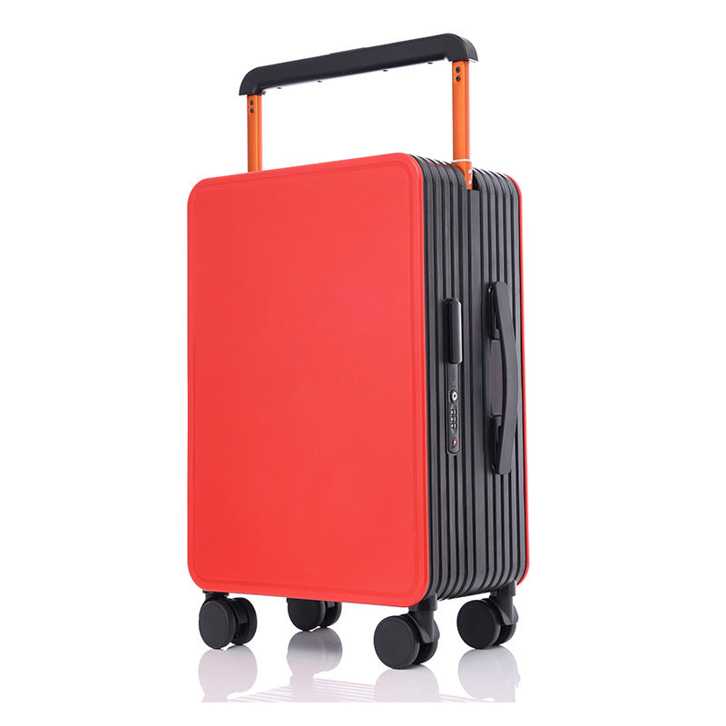 Hard-shell carry-on luggage in red with telescoping handle and four wheels