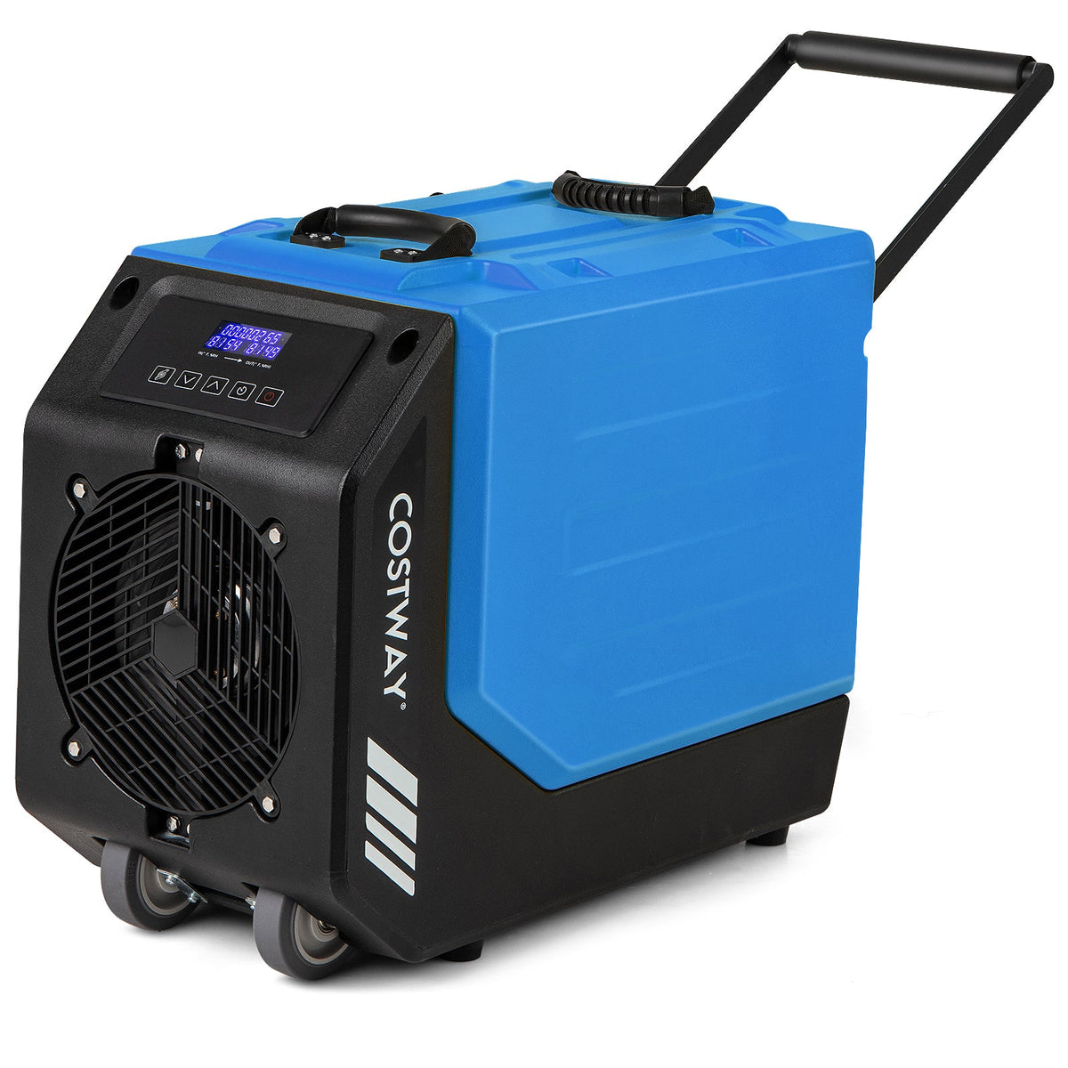 Blue and black portable equipment cooler with front fan, handle, and wheels