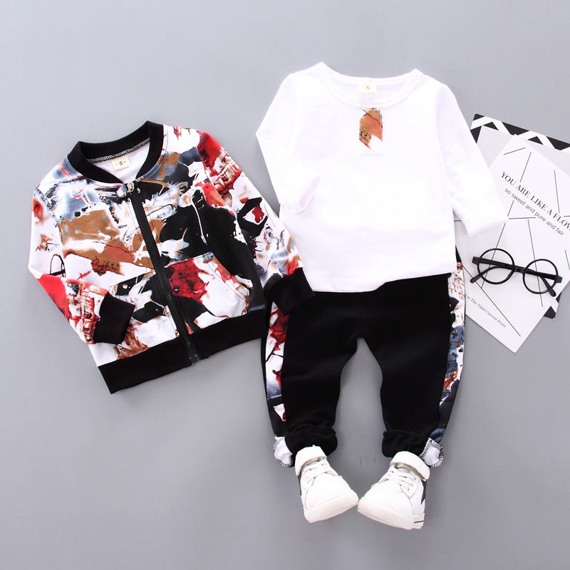 Boys' three-piece outfit with abstract print jacket, white shirt, and black pants