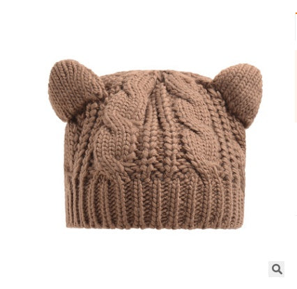 Women’s knitted cat-ear beanie hat, tan brown with cable-knit ridges and ears