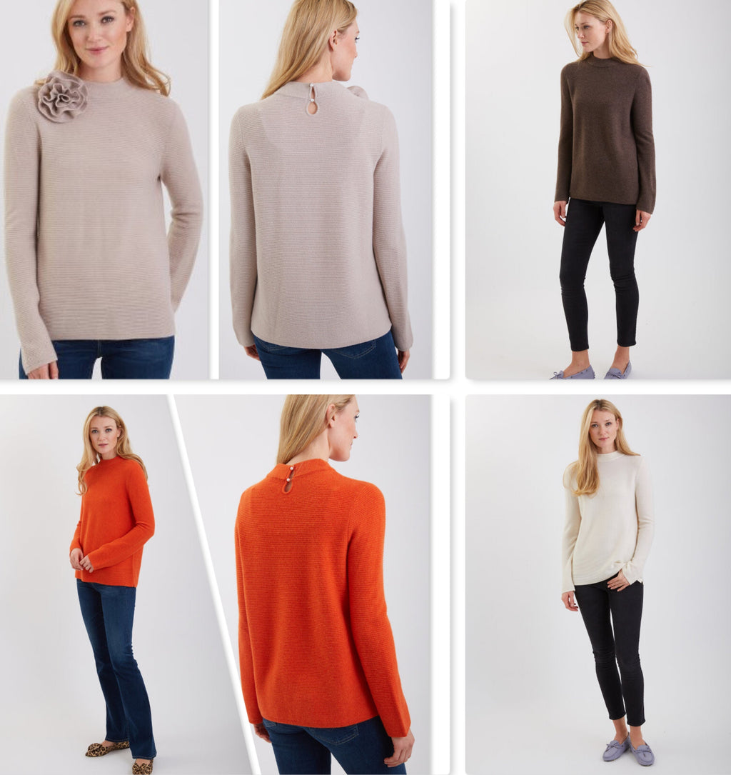 Cashmere mock neck sweater collage showing flame orange, ivory, oat, and dark brown colors.